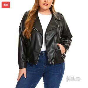 Plus Size Faux Leather Motorcycle Jacket, Zip Up Fitted Moto Biker Coat